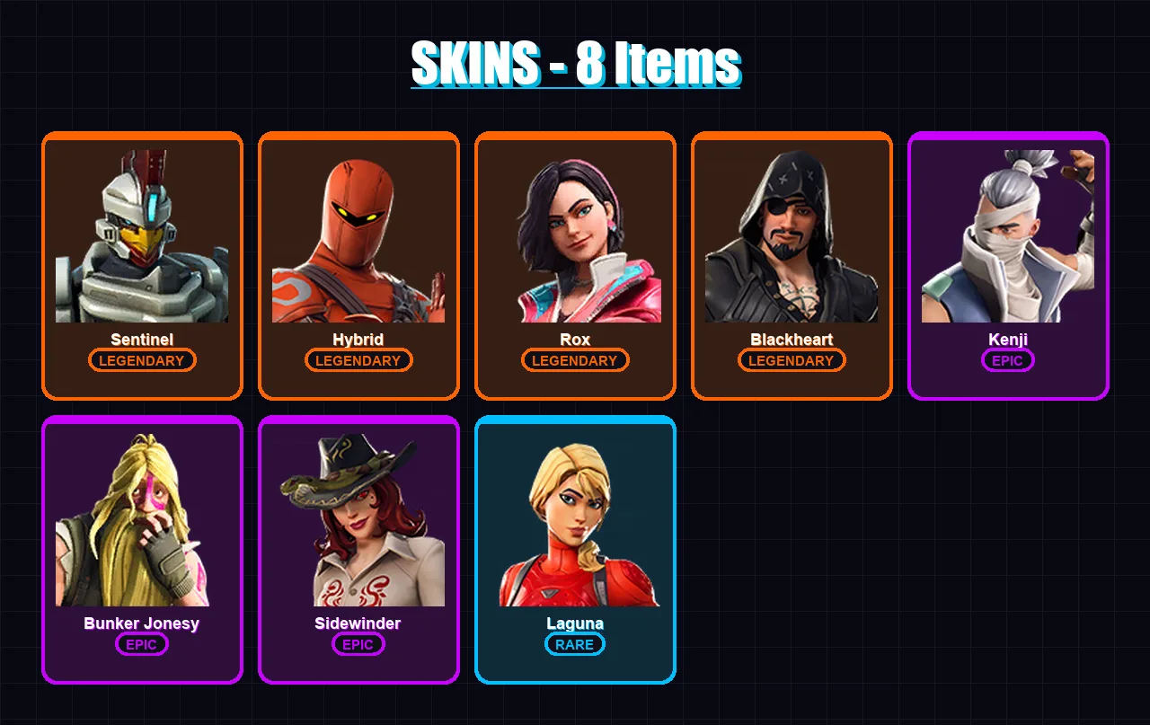 [PC/XBOX/PSN] | Sentinel | Hybrid | Rox | Blackheart | Kenji | 8 skin | 5 pickaxe | 10 emote | 6 glider | Lv58