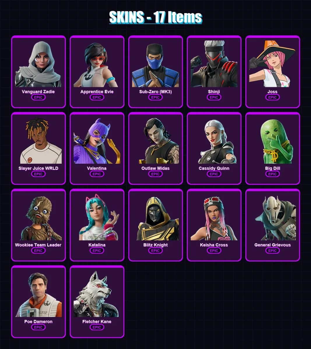 [PS4/PS5/XBOX/PC] | Vanguard Zadie | Apprentice Evie | Sub-Zero (MK3) | Shinji | Joss | 17 skin | 43 pickaxe | 26 emote | 32 glider | Lv552