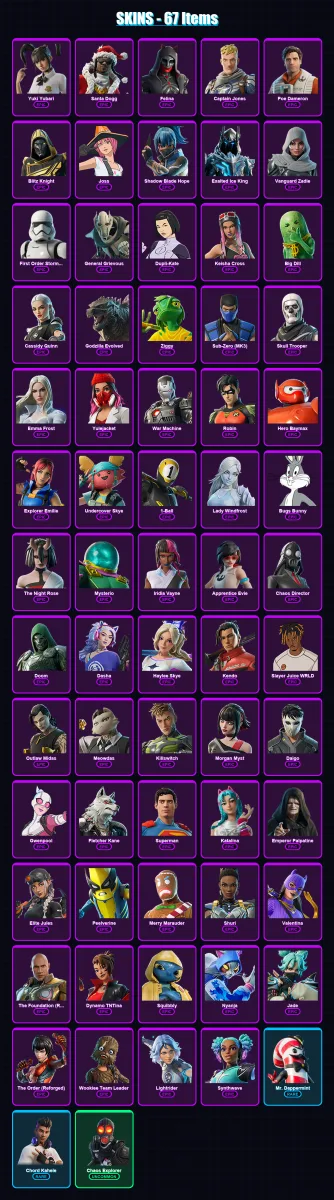 [PC/PSN] | Yuki Yubari | Santa Dogg | Felina | Captain Jones | Poe Dameron | 67 skin | 122 pickaxe | 82 emote | 97 glider | Lv1892