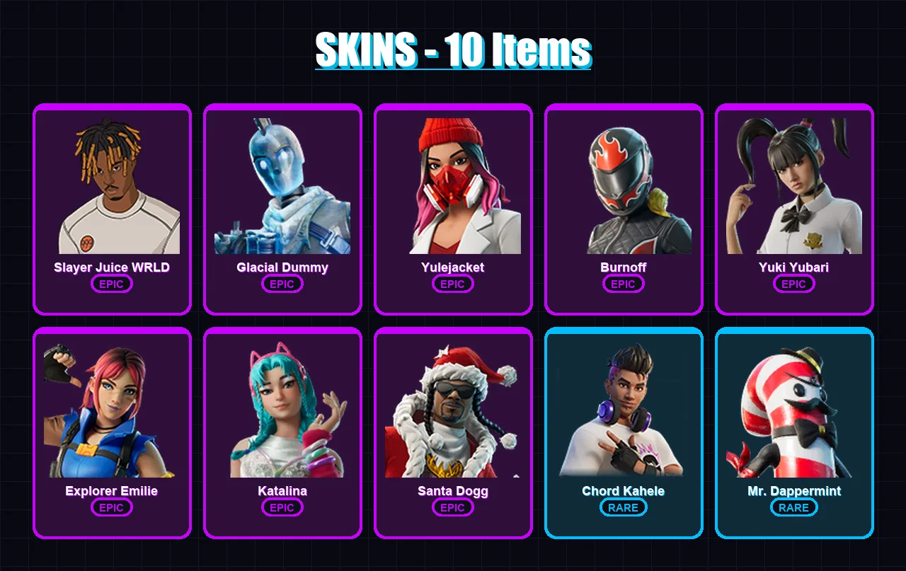 [SWITCH/XBOX/PSN/PC] | Slayer Juice WRLD | Glacial Dummy | Yulejacket | Burnoff | Yuki Yubari | 10 skin | 19 pickaxe | 7 emote | 8 glider | Lv66