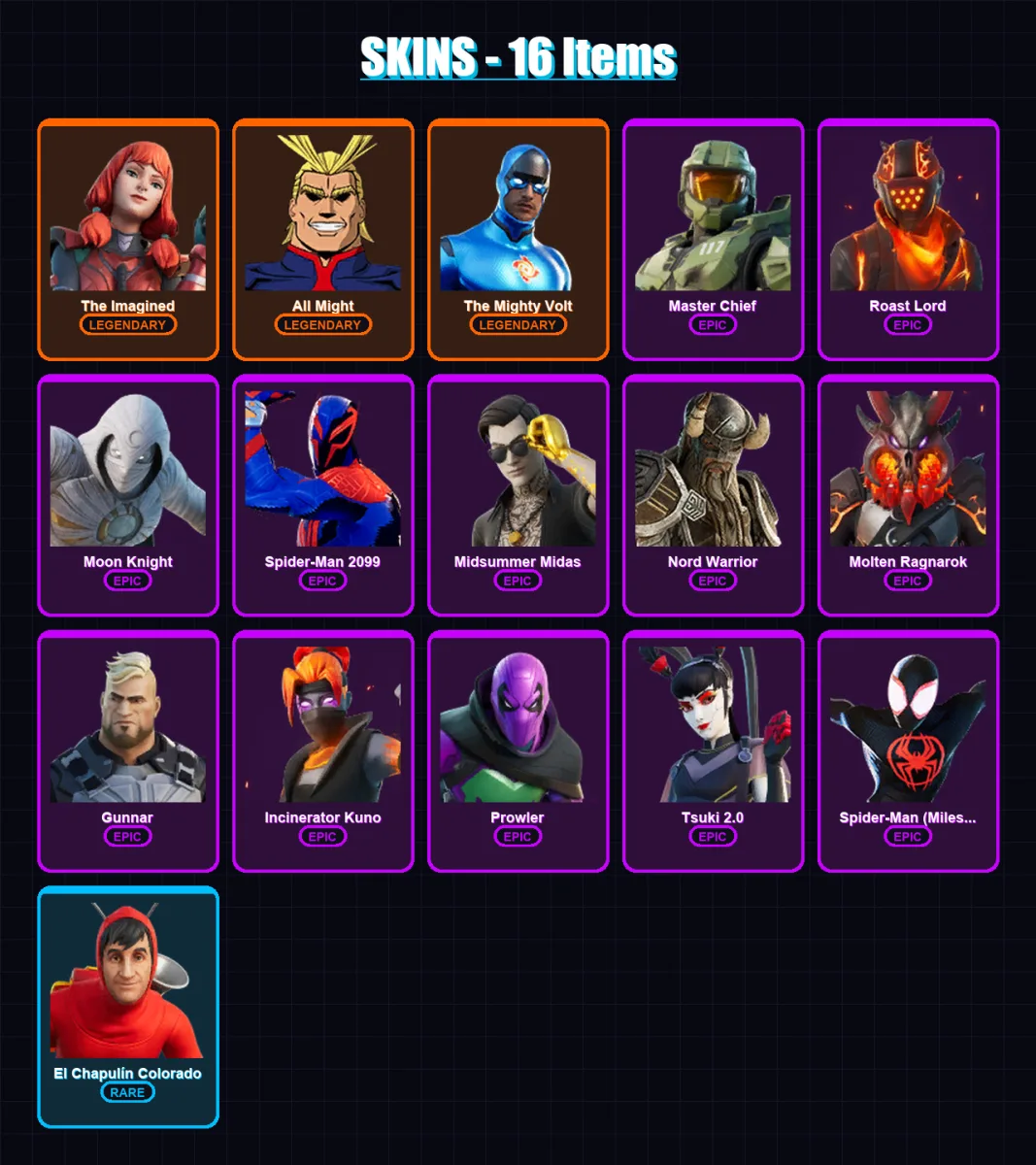 [PS4/PS5/XBOX/PC] | The Imagined | All Might | The Mighty Volt | Master Chief | Roast Lord | 16 skin | 16 pickaxe | 9 emote | 14 glider | Lv190
