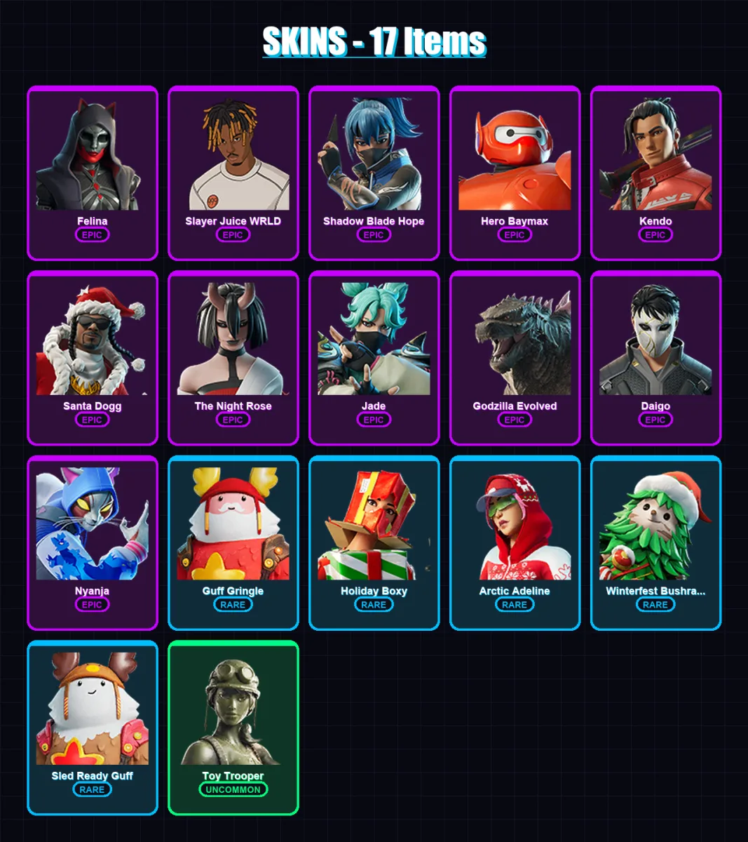 [PC/XBOX/PSN] | Felina | Slayer Juice WRLD | Shadow Blade Hope | Hero Baymax | Kendo | 17 skin | 39 pickaxe | 24 emote | 29 glider | Lv474