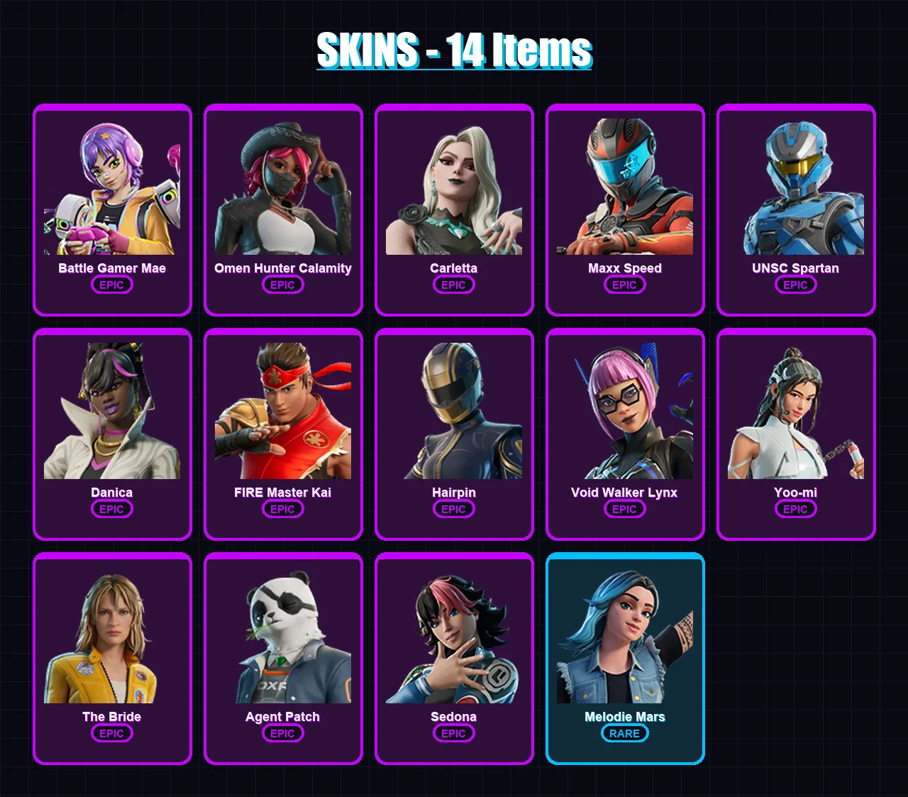 [PC/PSN] | Battle Gamer Mae | Omen Hunter Calamity | Carletta | Maxx Speed | UNSC Spartan | 14 skin | 38 pickaxe | 17 emote | 29 glider | Lv454 — Fortnite account