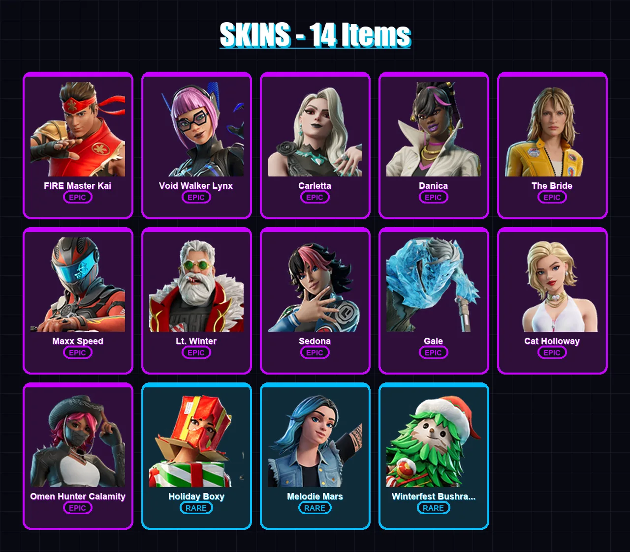 [PC/PSN] | FIRE Master Kai | Void Walker Lynx | Carletta | Danica | The Bride | 14 skin | 25 pickaxe | 11 emote | 18 glider | Lv227