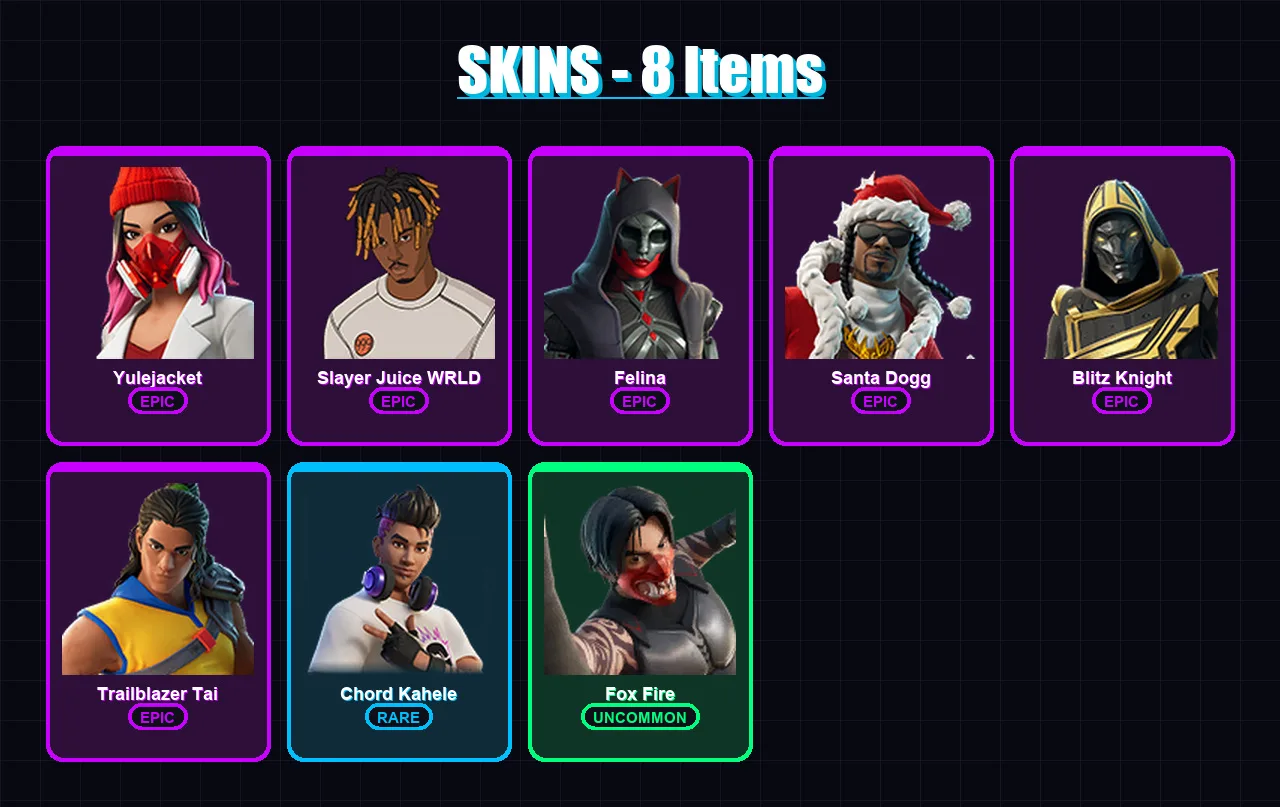 [PS4/PS5/XBOX/PC] | Yulejacket | Slayer Juice WRLD | Felina | Santa Dogg | Blitz Knight | 8 skin | 52 pickaxe | 24 emote | 31 glider | Lv594
