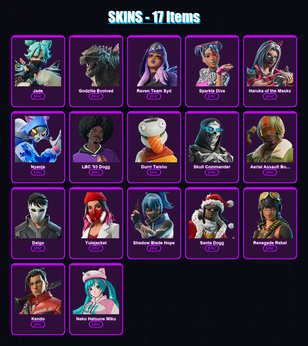 [PC/XBOX/PSN] | Jade | Godzilla Evolved | Raven Team Syd | Sparkle Diva | Haruka of the Masks | 17 skin | 32 pickaxe | 22 emote | 30 glider | Lv261