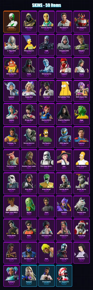 [PC/PSN] | Backlash | Blitz Knight | Summer Dummy | Poe Dameron | Dino Megazord | 59 skin | 110 pickaxe | 60 emote | 66 glider | Lv1860 — Fortnite account