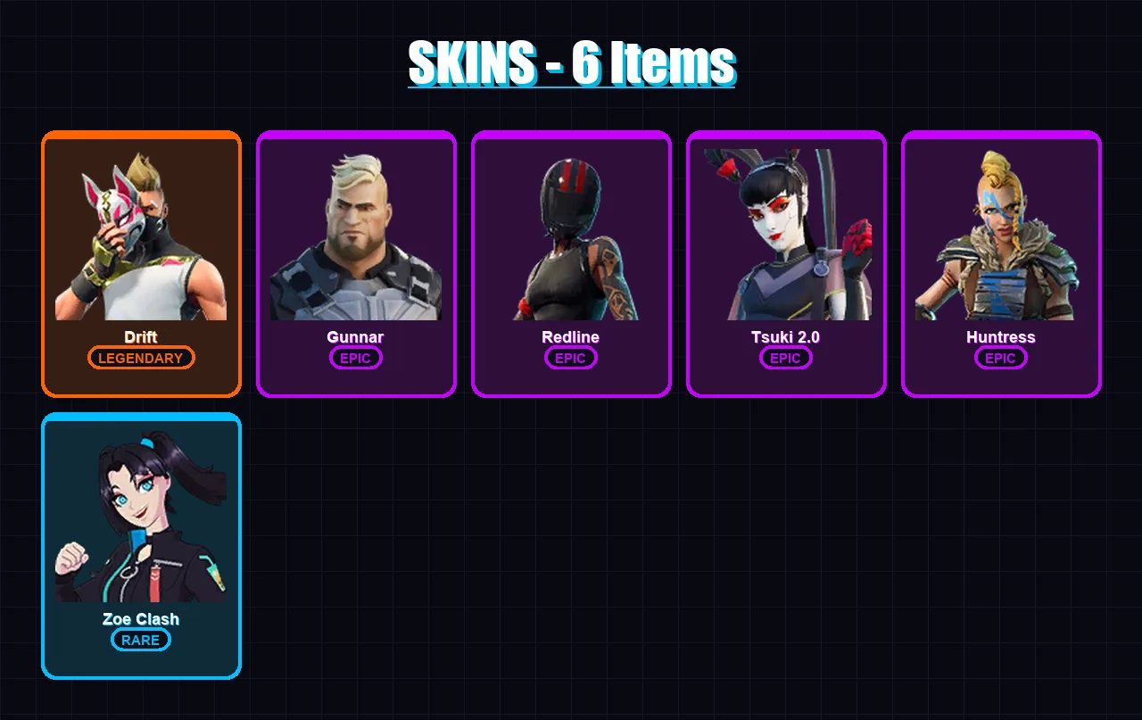 [PC/PSN] | Drift | Gunnar | Redline | Tsuki 2.0 | Huntress | 6 skin | 11 pickaxe | 20 emote | 18 glider | Lv335