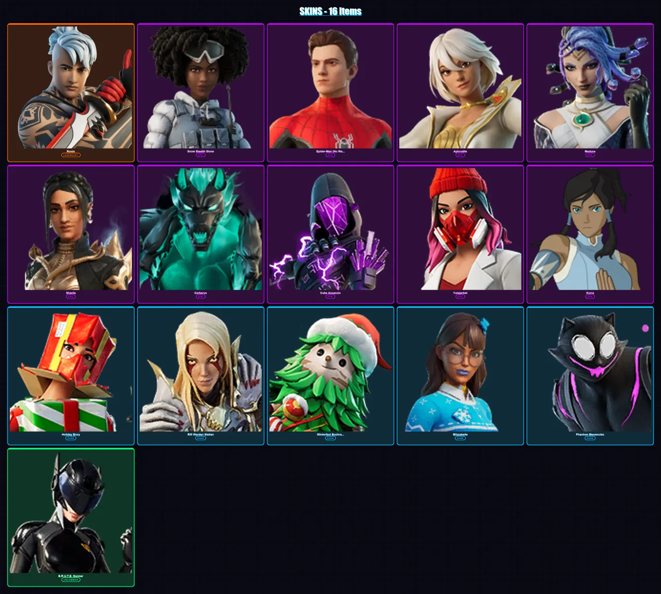 [PC/XBOX/PSN] | Ronin | Snow Stealth Slone | Spider-Man (No Way Home) | Aphrodite | Medusa | 16 skin | 24 pickaxe | 17 emote | 19 glider | Lv207 — Fortnite account