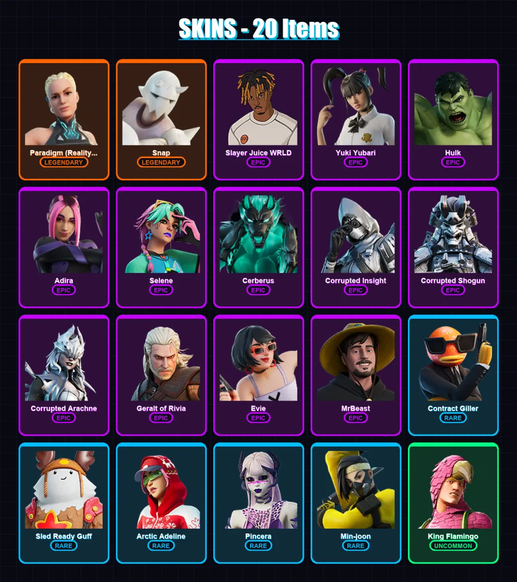 [PC/PSN] | Paradigm (Reality-659) | Snap | Slayer Juice WRLD | Yuki Yubari | Hulk | 20 skin | 19 pickaxe | 13 emote | 9 glider | Lv139