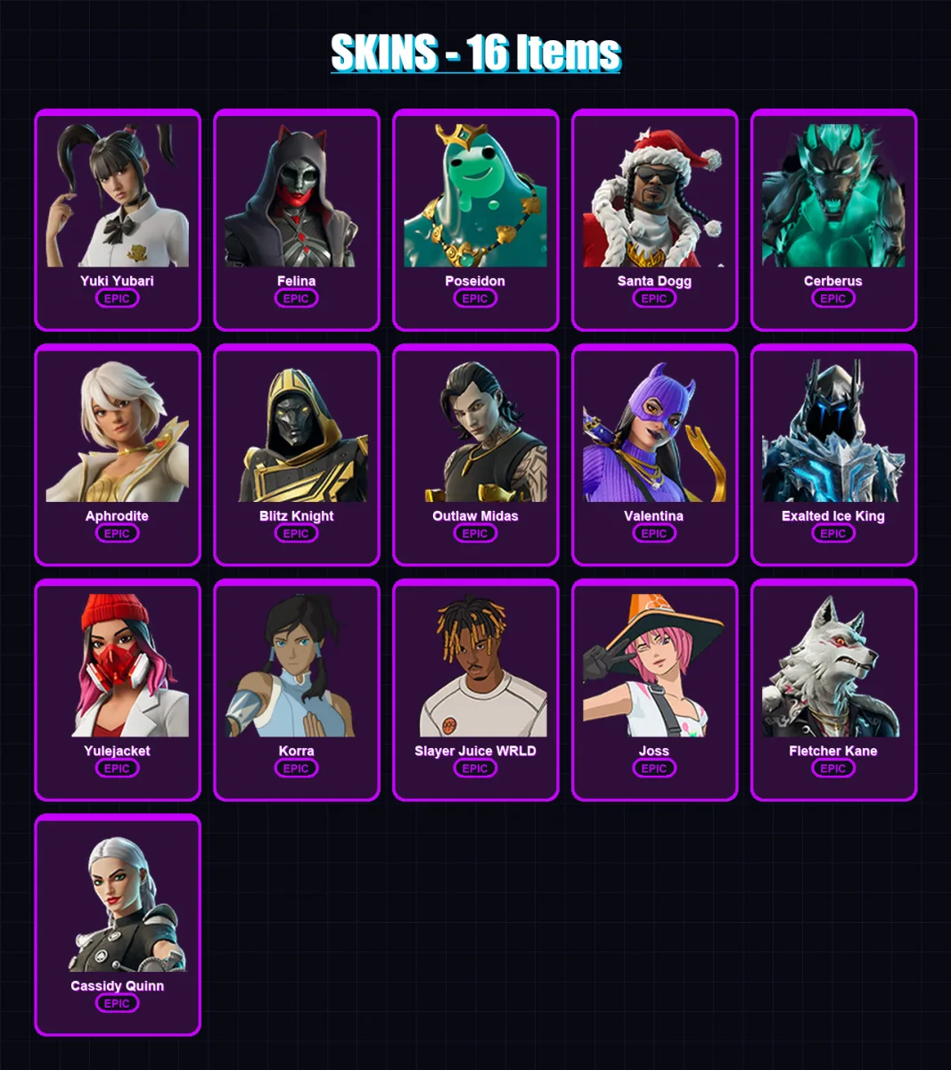 [PC/XBOX/PSN] | Yuki Yubari | Felina | Poseidon | Santa Dogg | Cerberus | 16 skin | 86 pickaxe | 29 emote | 56 glider | Lv960
