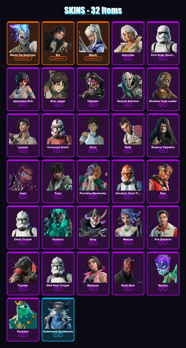 [PC/XBOX/PSN] | Renzo the Destroyer | Era | Mizuki | Aphrodite | First Order Stormtrooper | 32 skin | 50 pickaxe | 37 emote | 42 glider | Lv532