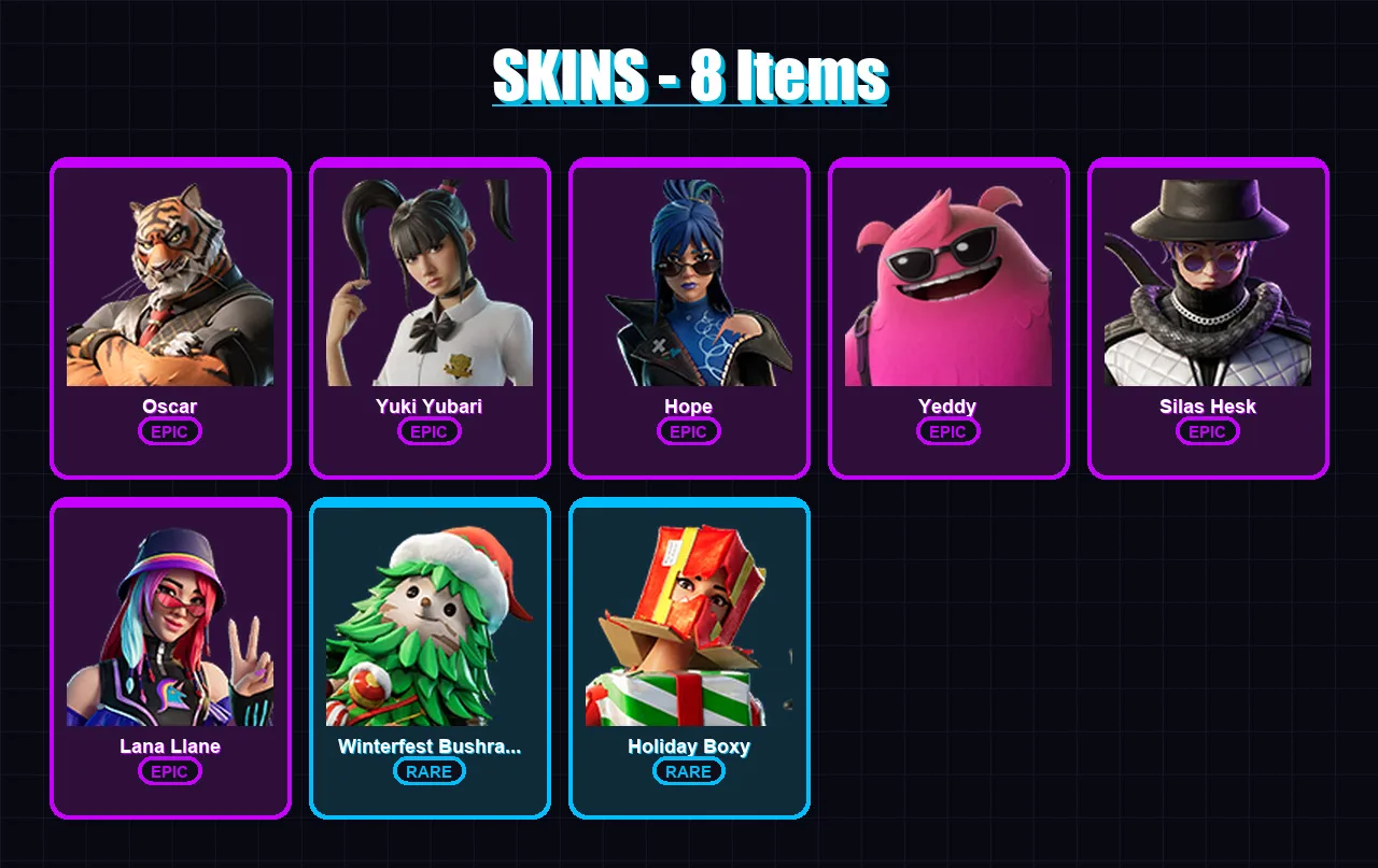 [PC/PSN] | Oscar | Yuki Yubari | Hope | Yeddy | Silas Hesk | 8 skin | 17 pickaxe | 5 emote | 18 glider | Lv102
