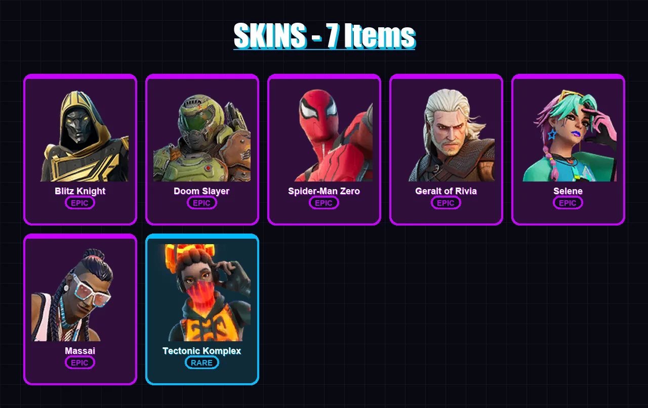 [PC/XBOX/PSN] | Blitz Knight | Doom Slayer | Spider-Man Zero | Geralt of Rivia | Selene | 7 skin | 24 pickaxe | 19 emote | 31 glider | Lv399