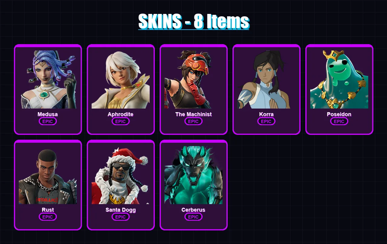[PC/XBOX/PSN] | Medusa | Aphrodite | The Machinist | Korra | Poseidon | 8 skin | 18 pickaxe | 15 emote | 15 glider | Lv130