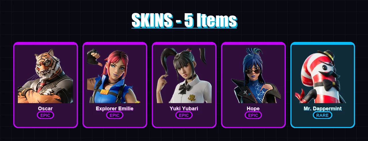 [PC/PSN] | Oscar | Explorer Emilie | Yuki Yubari | Hope | Mr. Dappermint | 5 skin | 11 pickaxe | 5 emote | 10 glider | Lv64