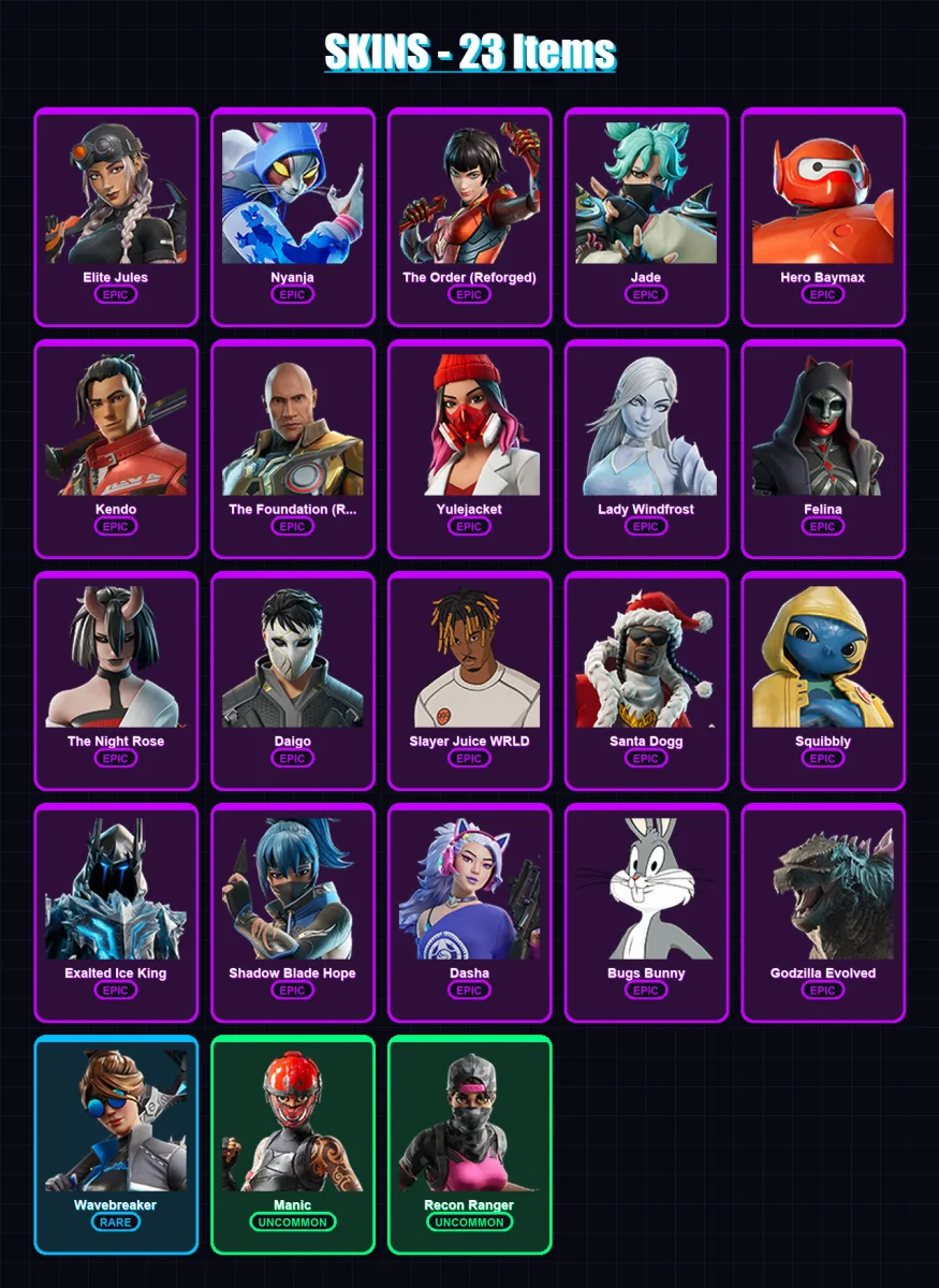 [PC/XBOX/PSN] | Elite Jules | Nyanja | The Order (Reforged) | Jade | Hero Baymax | 23 skin | 53 pickaxe | 27 emote | 35 glider | Lv446