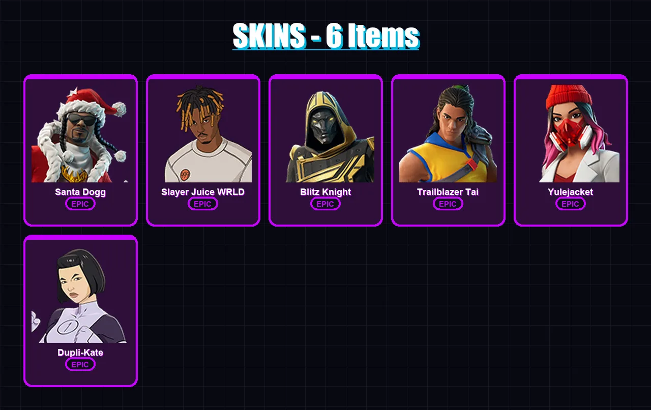 [PC/XBOX/PSN] | Santa Dogg | Slayer Juice WRLD | Blitz Knight | Trailblazer Tai | Yulejacket | 6 skin | 37 pickaxe | 17 emote | 25 glider | Lv660