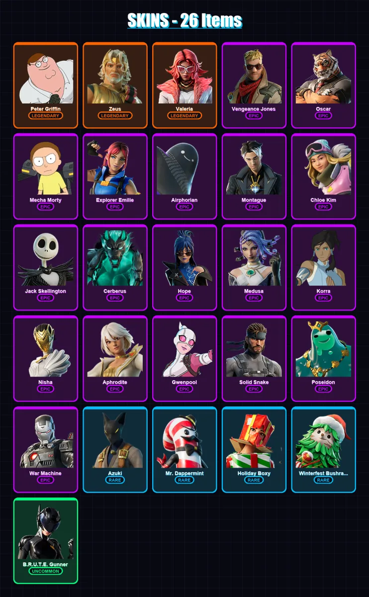 [PS4/PS5/XBOX/PC] | Peter Griffin | Zeus | Valeria | Vengeance Jones | Oscar | 26 skin | 46 pickaxe | 29 emote | 34 glider | Lv384