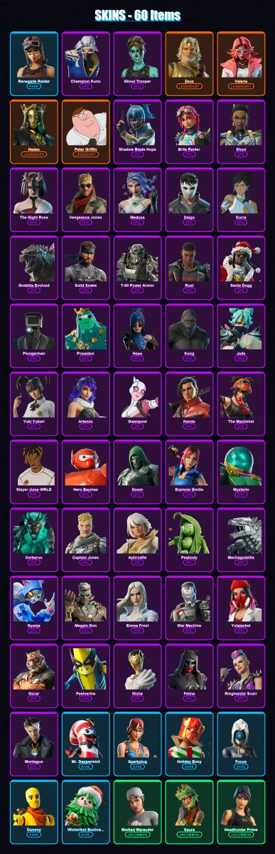 [PC/XBOX/PSN] | Renegade Raider | Champion Kuno | Ghoul Trooper | Zeus | Valeria | 60 skin | 91 pickaxe | 72 emote | 64 glider | Lv977