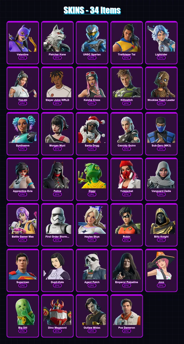 [PC/XBOX/PSN] | Valentina | Fletcher Kane | UNSC Spartan | Trailblazer Tai | Lightrider | 34 skin | 76 pickaxe | 48 emote | 52 glider | Lv748
