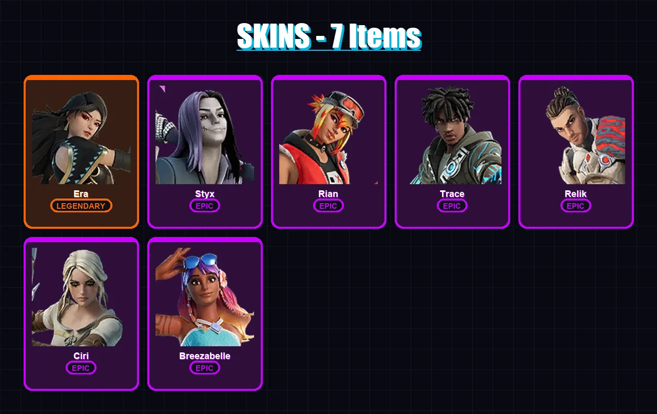[PS4/PS5/XBOX/PC] | Era | Styx | Rian | Trace | Relik | 7 skin | 6 pickaxe | 4 emote | 6 glider | Lv37