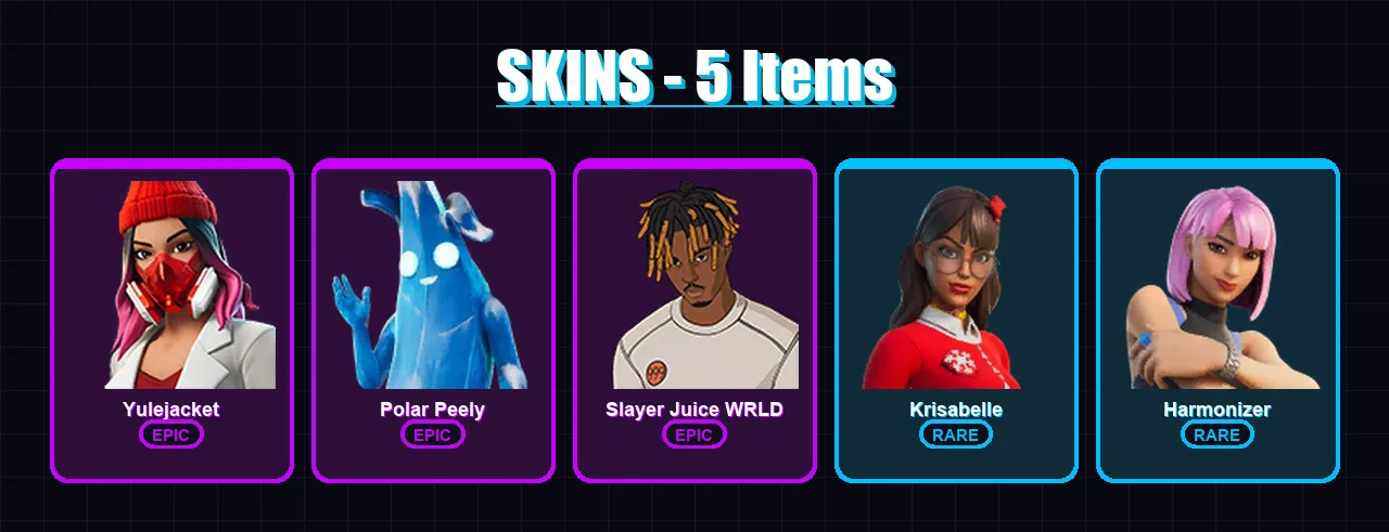 [SWITCH/XBOX/PSN/PC] | Yulejacket | Polar Peely | Slayer Juice WRLD | Krisabelle | Harmonizer | 5 skin | 31 pickaxe | 20 emote | 25 glider | Lv448