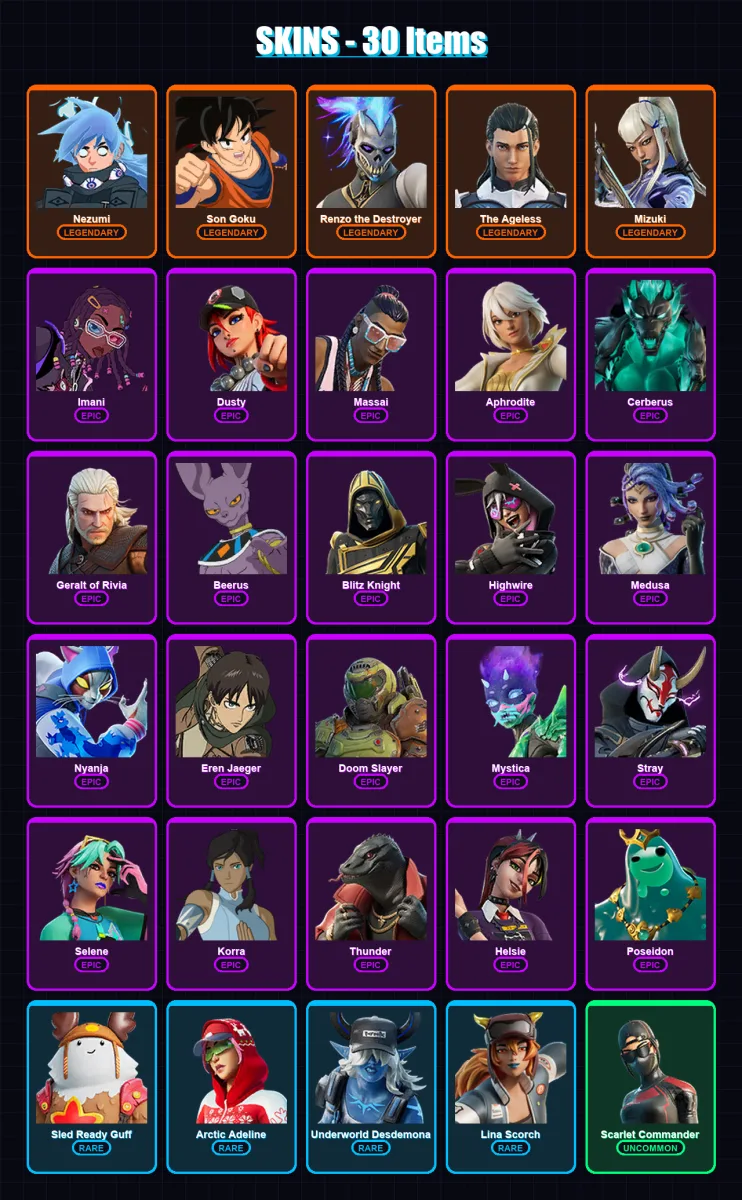 [PS4/PS5/XBOX/PC] | Nezumi | Son Goku | Renzo the Destroyer | The Ageless | Mizuki | 30 skin | 44 pickaxe | 27 emote | 34 glider | Lv480