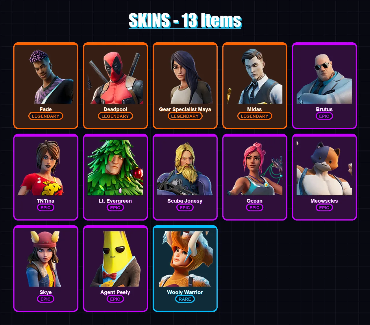 [PC/XBOX/PSN] | Fade | Deadpool | Gear Specialist Maya | Midas | Brutus | 13 skin | 15 pickaxe | 23 emote | 20 glider | Lv327