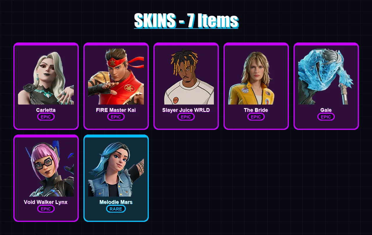 [PC/PSN] | Carletta | FIRE Master Kai | Slayer Juice WRLD | The Bride | Gale | 7 skin | 8 pickaxe | 5 emote | 4 glider | Lv35