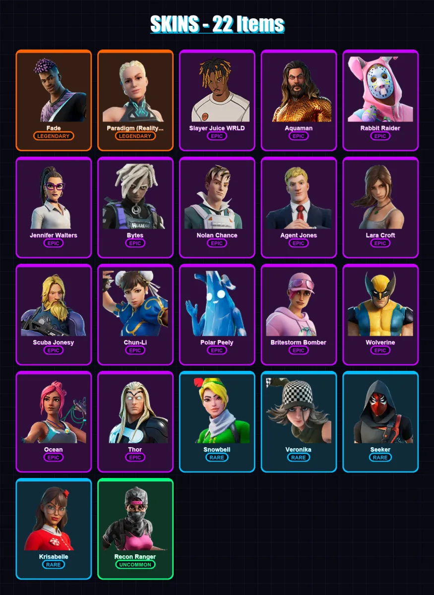 [PC/XBOX/PSN] | Fade | Paradigm (Reality-659) | Slayer Juice WRLD | Aquaman | Rabbit Raider | 22 skin | 35 pickaxe | 31 emote | 31 glider | Lv331 — Fortnite account