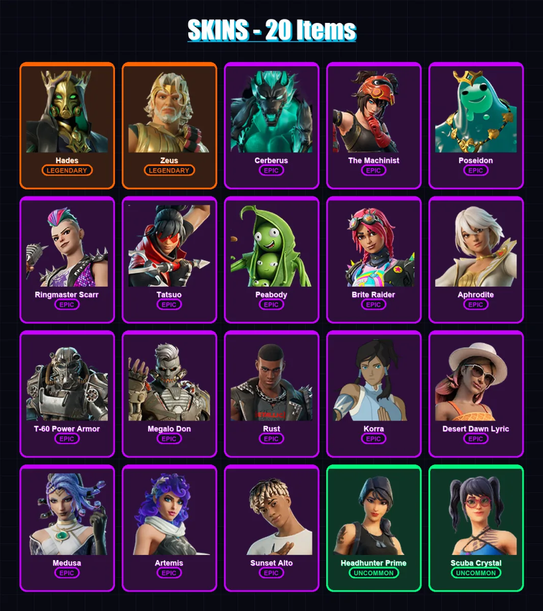 [PC/PSN] | Hades | Zeus | Cerberus | The Machinist | Poseidon | 20 skin | 32 pickaxe | 20 emote | 19 glider | Lv305