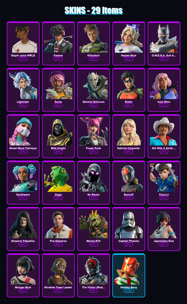 [PC/XBOX/PSN] | Slayer Juice WRLD | Kwame | Killswitch | Haylee Skye | O.M.E.G.A. Suit Alpha | 29 skin | 44 pickaxe | 33 emote | 24 glider | Lv344