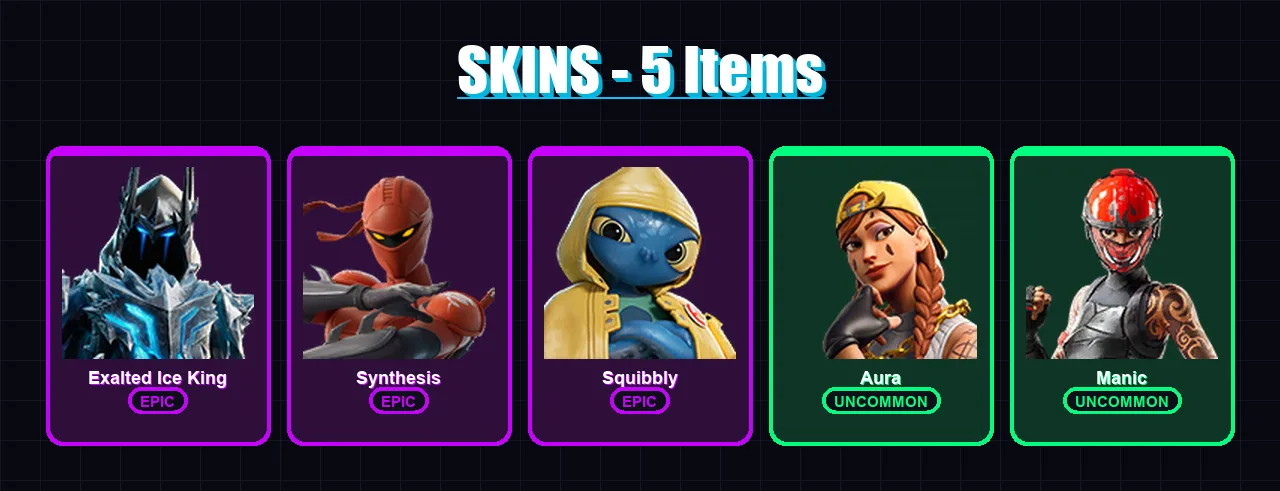 [PC/XBOX/PSN] | Exalted Ice King | Synthesis | Squibbly | Aura | Manic | 5 skin | 11 pickaxe | 7 emote | 9 glider | Lv41