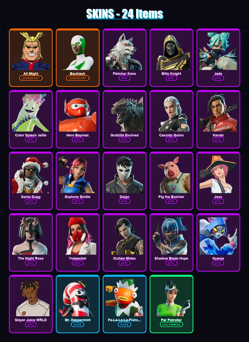 [PC/XBOX/PSN] | All Might | Backlash | Fletcher Kane | Blitz Knight | Jade | 24 skin | 48 pickaxe | 31 emote | 32 glider | Lv533