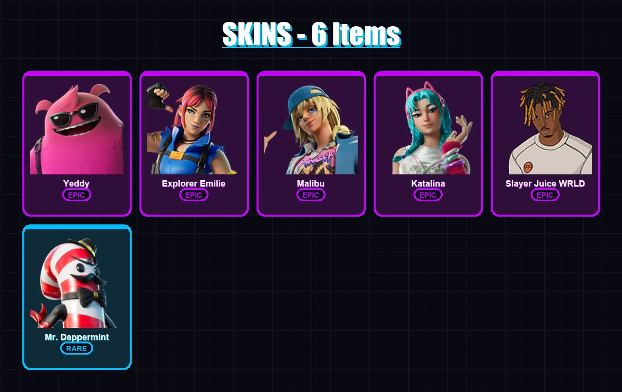 [PC] | Yeddy | Explorer Emilie | Malibu | Katalina | Slayer Juice WRLD | 6 skin | 14 pickaxe | 6 emote | 7 glider | Lv58