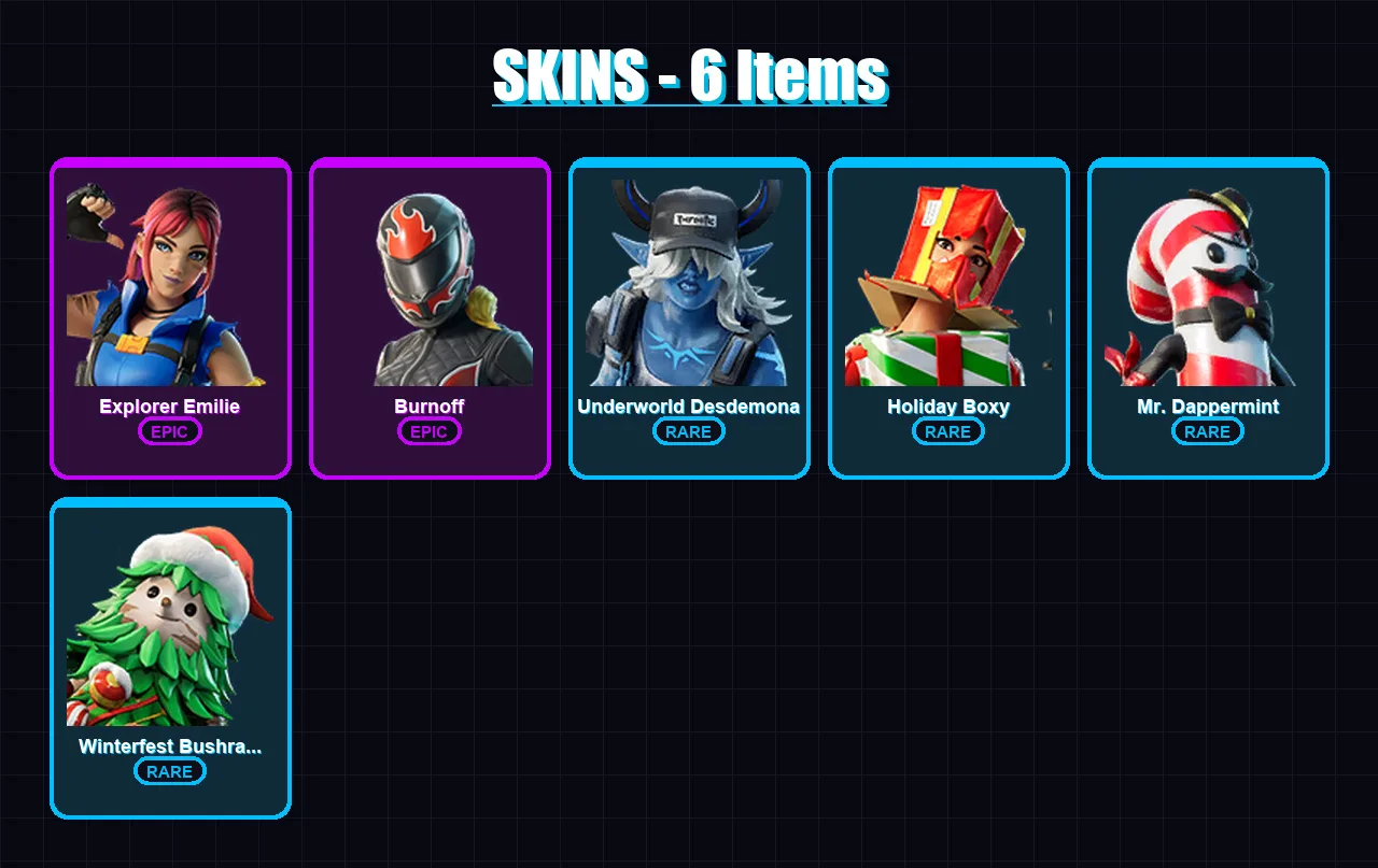 [PC/XBOX/PSN] | Explorer Emilie | Burnoff | Underworld Desdemona | Holiday Boxy | Mr. Dappermint | 6 skin | 14 pickaxe | 10 emote | 15 glider | Lv29