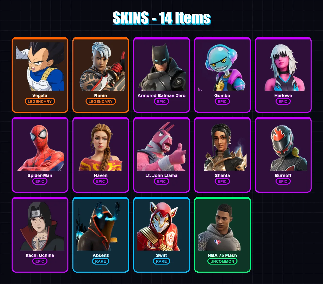 [PC/XBOX] | Vegeta | Ronin | Armored Batman Zero | Gumbo | Harlowe | 14 skin | 22 pickaxe | 20 emote | 21 glider | Lv302