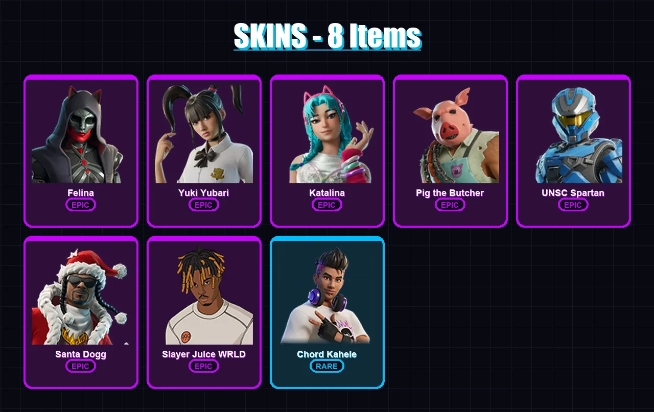 [PC/XBOX] | Felina | Yuki Yubari | Katalina | Pig the Butcher | UNSC Spartan | 8 skin | 43 pickaxe | 17 emote | 27 glider | Lv395