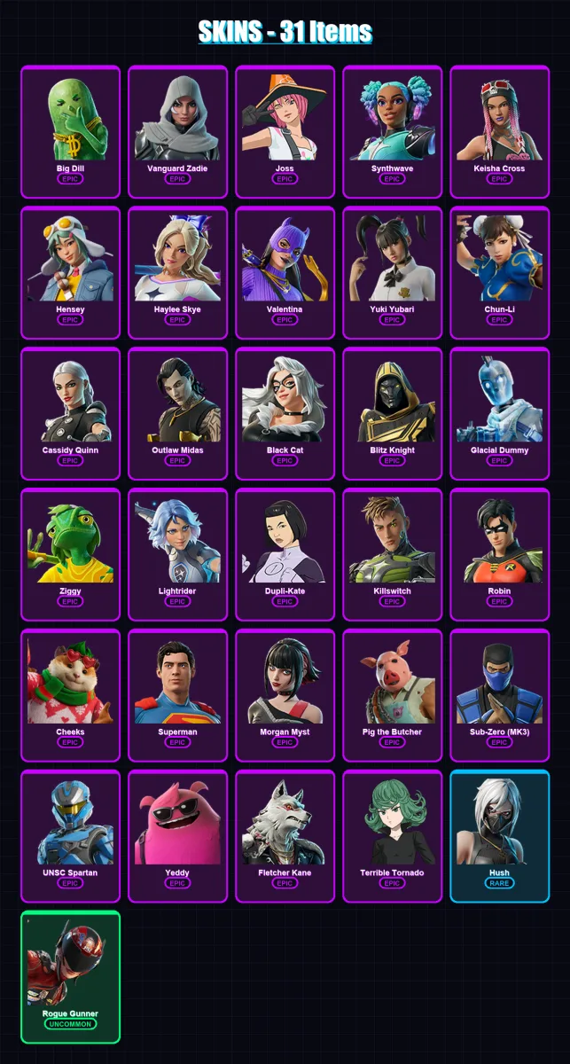 [PC/XBOX] | Big Dill | Vanguard Zadie | Joss | Synthwave | Keisha Cross | 31 skin | 84 pickaxe | 72 emote | 55 glider | Lv1081