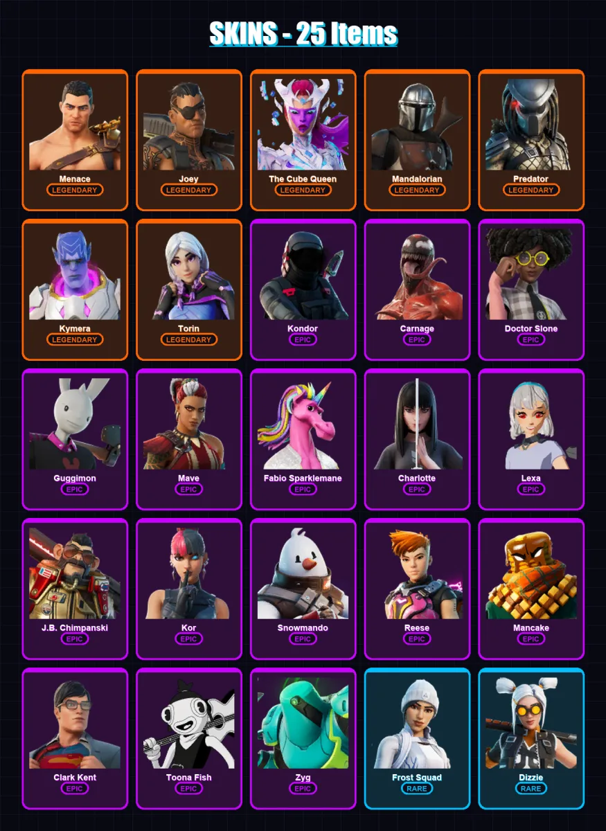 [PC/XBOX/PSN] | Menace | Joey | The Cube Queen | Mandalorian | Predator | 25 skin | 27 pickaxe | 21 emote | 26 glider | Lv465