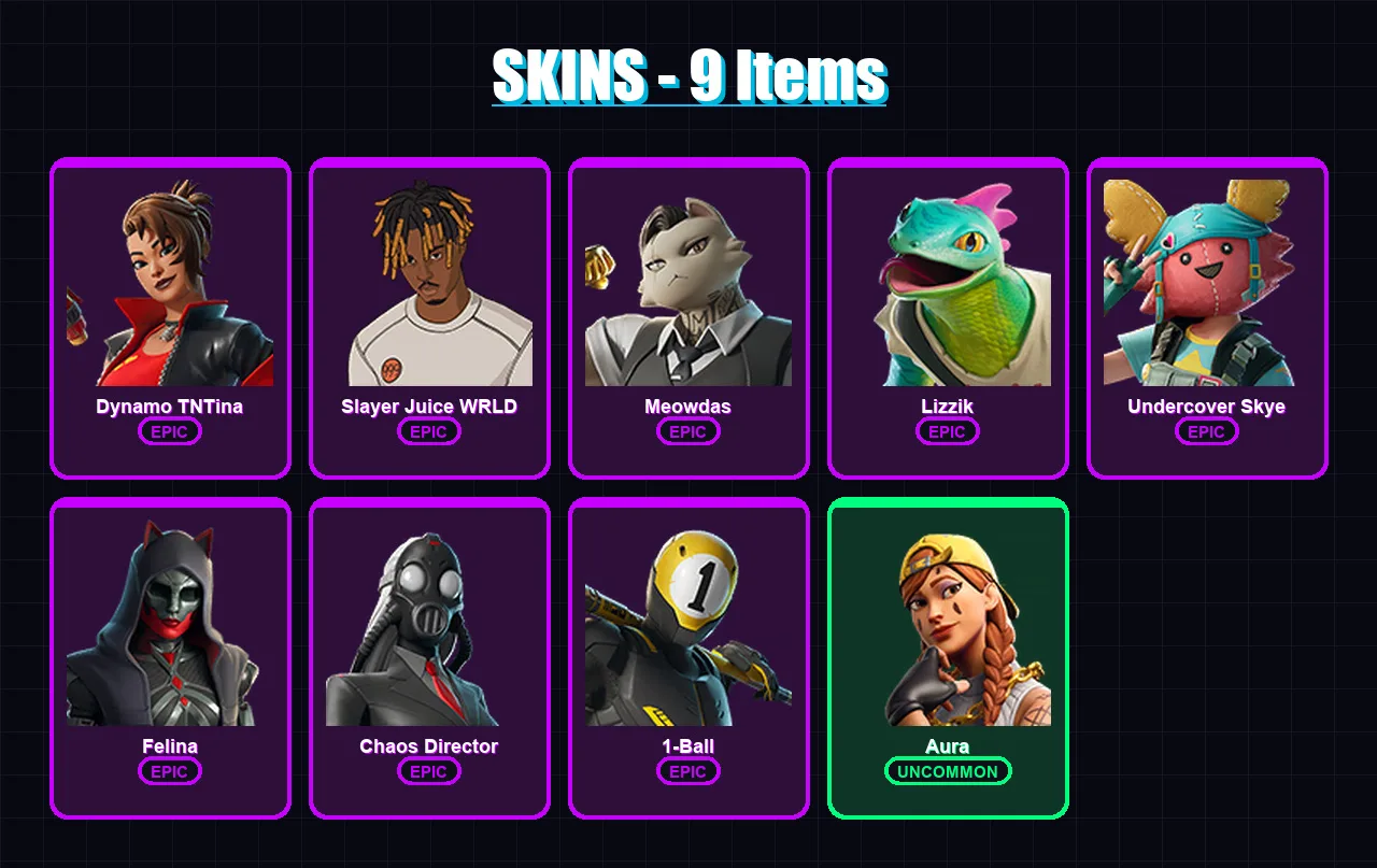 [PC/XBOX/PSN] | Dynamo TNTina | Slayer Juice WRLD | Meowdas | Lizzik | Undercover Skye | 9 skin | 50 pickaxe | 22 emote | 34 glider | Lv437