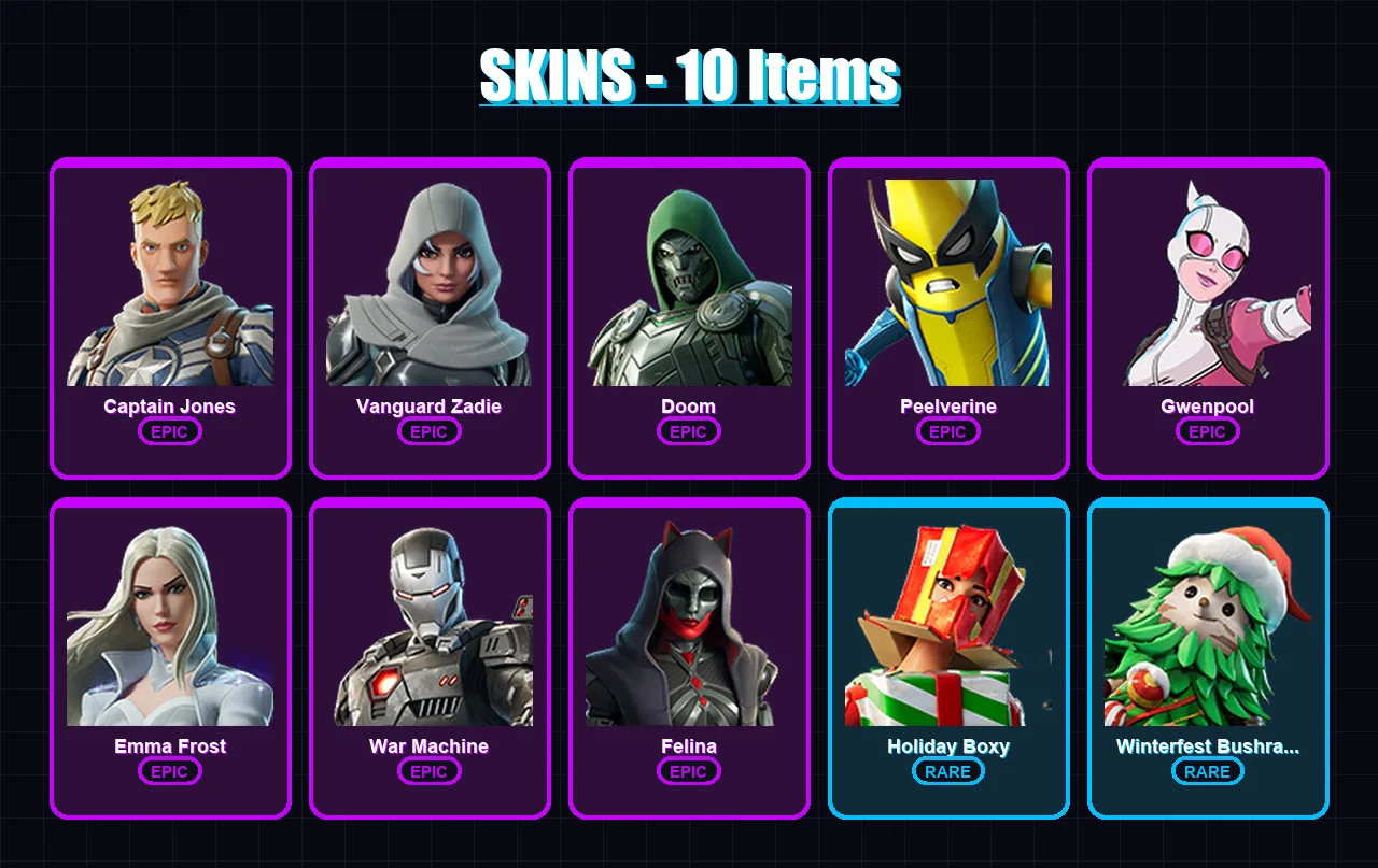[PC/PSN] | Captain Jones | Vanguard Zadie | Doom | Peelverine | Gwenpool | 10 skin | 28 pickaxe | 15 emote | 22 glider | Lv232 — Fortnite account