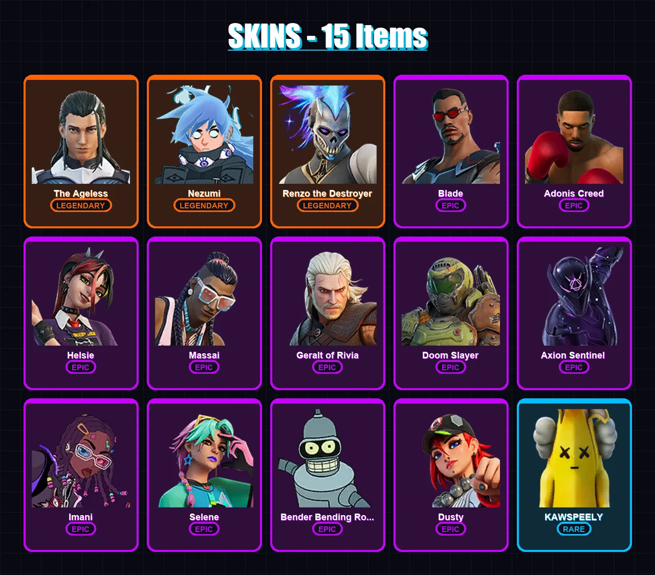 [PC/XBOX/PSN] | The Ageless | Nezumi | Renzo the Destroyer | Blade | Adonis Creed | 15 skin | 22 pickaxe | 23 emote | 22 glider | Lv275