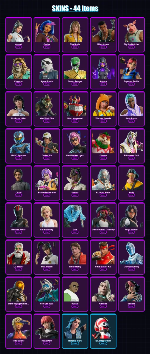[PC/XBOX/PSN] | Yoo-mi | Carina | The Bride | Miles Cross | Pig the Butcher | 44 skin | 75 pickaxe | 49 emote | 37 glider | Lv643
