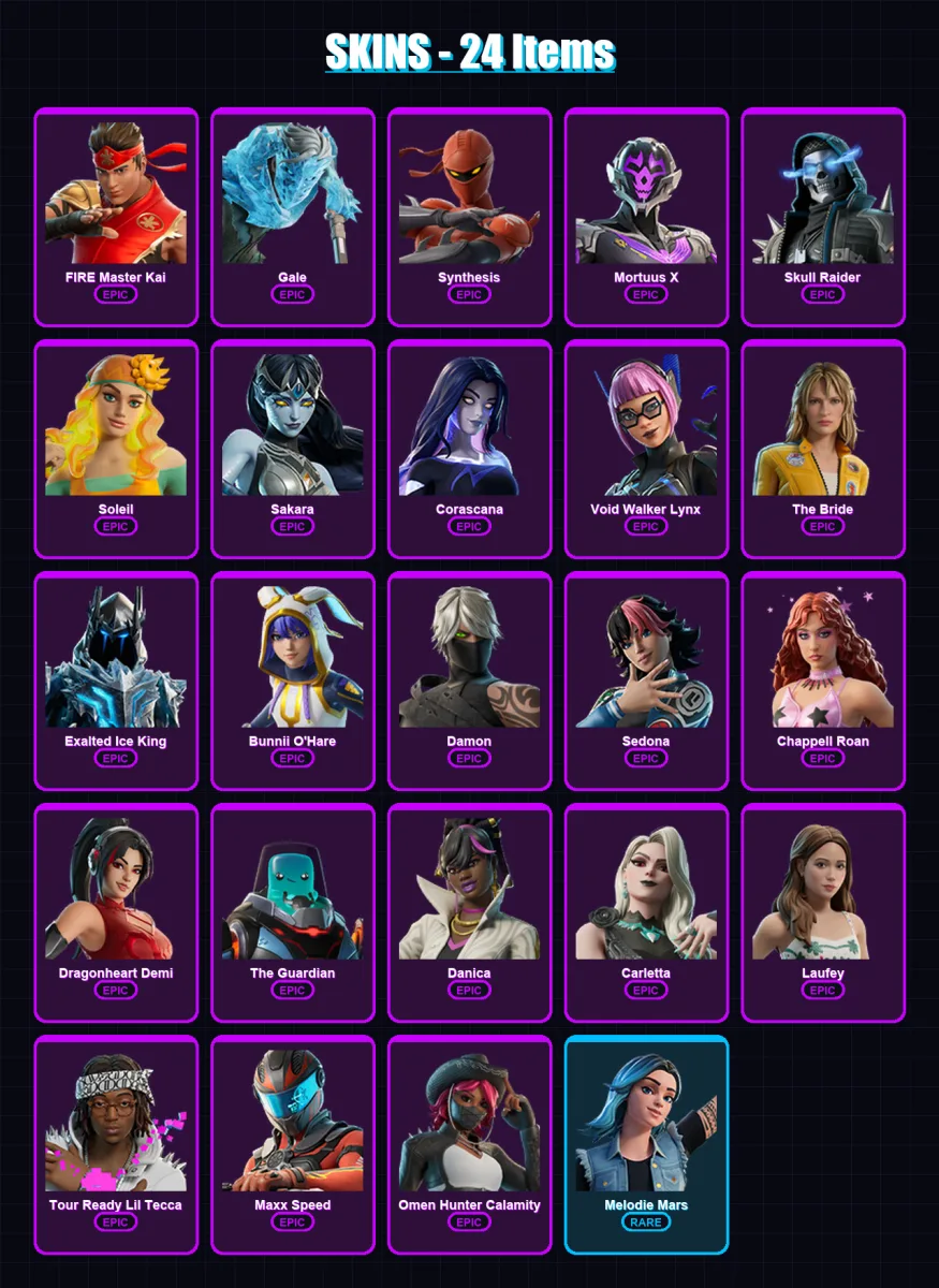 [PC/XBOX/PSN] | FIRE Master Kai | Gale | Synthesis | Mortuus X | Skull Raider | 24 skin | 11 pickaxe | 2 emote | 1 glider | Lv5