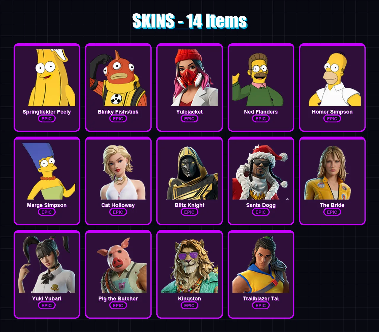 [PC/XBOX/PSN] | Springfielder Peely | Blinky Fishstick | Yulejacket | 14 skin | Lv364