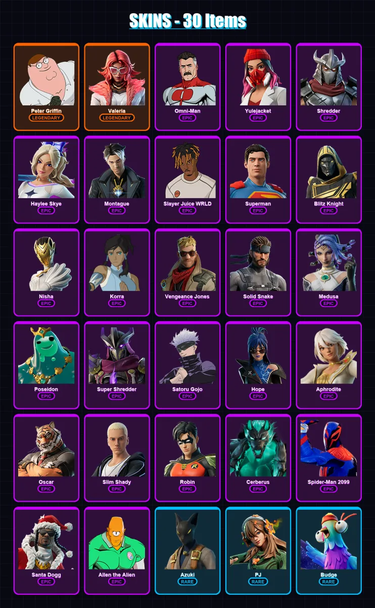 [PC/XBOX/PSN] | Peter Griffin | Valeria | Omni-Man | Yulejacket | Shredder | 30 skin | 42 pickaxe | 37 emote | 27 glider | Lv233
