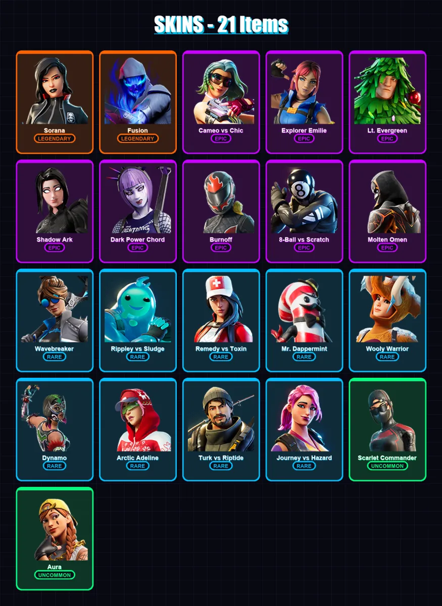 [PC/PSN] | Sorana | Fusion | Cameo vs Chic | Explorer Emilie | Lt. Evergreen | 21 skin | 42 pickaxe | 25 emote | 29 glider | Lv451