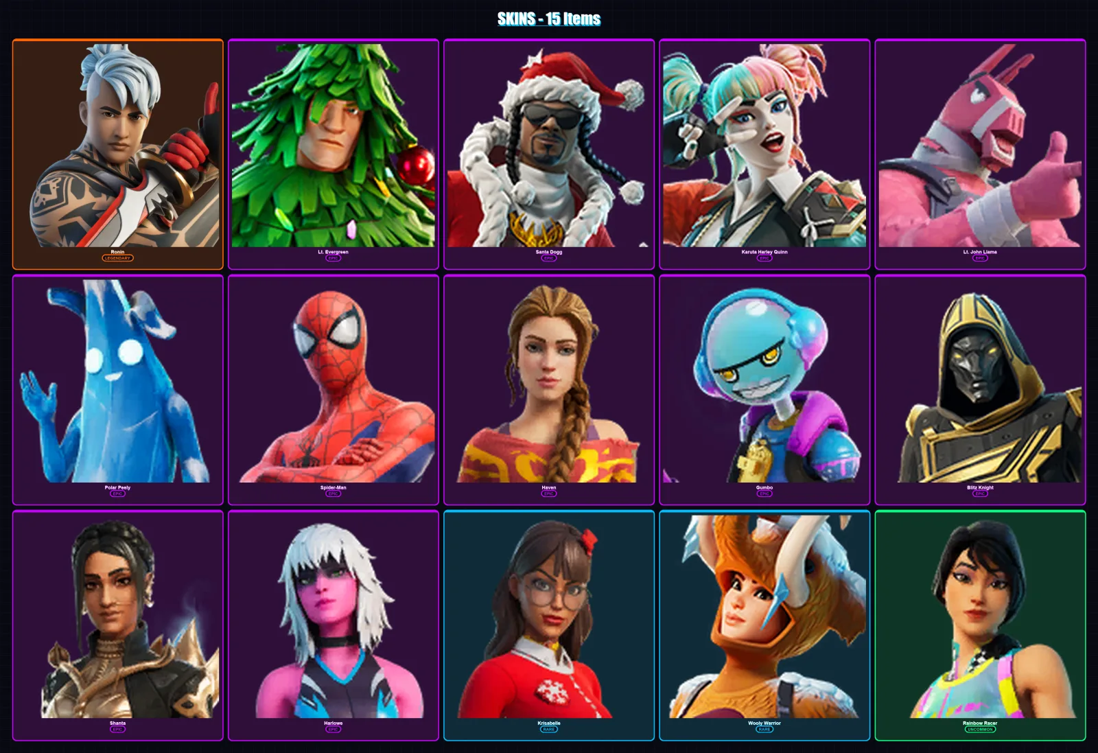 [PC/XBOX] | Ronin | Lt. Evergreen | Santa Dogg | Karuta Harley Quinn | Lt. John Llama | 15 skin | 26 pickaxe | 22 emote | 29 glider | Lv425